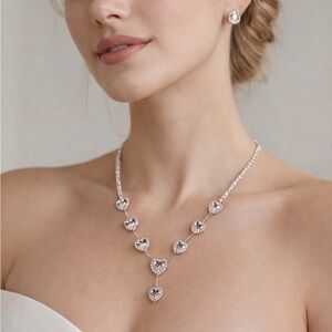 NEW Rhinestone Heart Necklace and Earrings Set Glam Wedding Jewelry